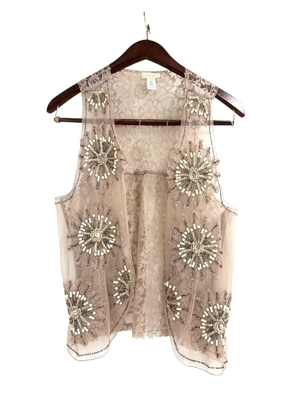 Boho Festival Beaded Sequin Lace Western Open Front Vest Womens Small Chico's